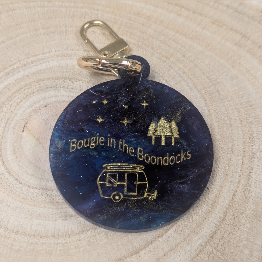 Bougie Camper Round Acrylic Keychain 2.5 X 2" Galaxy Outdoors Glamper Bag Charm